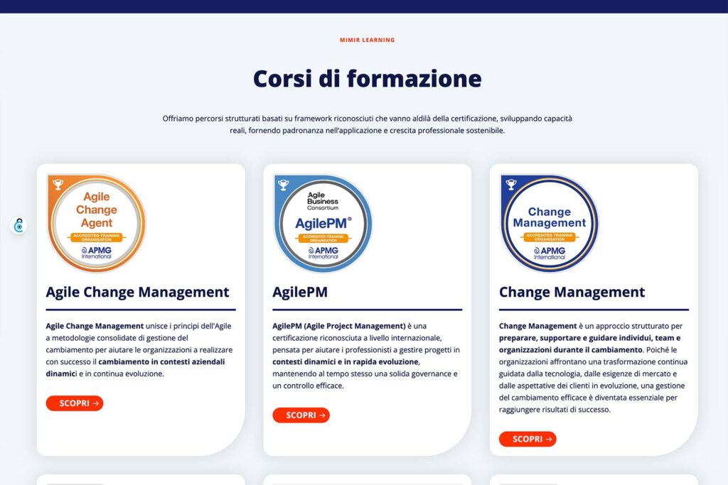 Screenshot sito web Mimir Learning