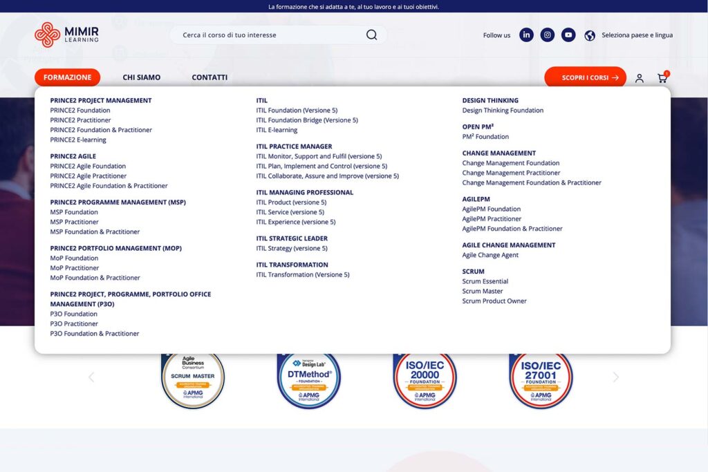 Screenshot sito web Mimir Learning