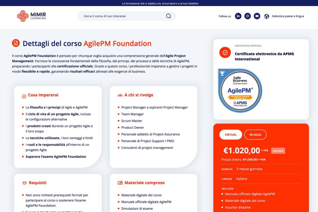 Screenshot sito web Mimir Learning