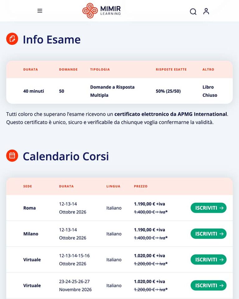 Screenshot sito web Mimir Learning tablet