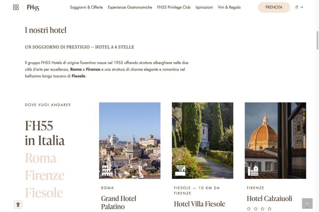 Screenshot nuovo sito web FH55 hotels